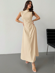 ELEGANT RUCHED STAND COLLAR SLEEVELESS A-LINE MAXI DRESS