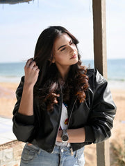 FAUX LEATHER CROPPED COLLAR DETAIL JACKET