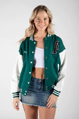 VARSITY BASEBALL UNISEX JACKET- FOREST GREEN