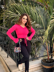 V NECK DRAWSTRING AND CENTURE KNITTED CASUAL T SHIRT