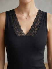 SLEEVELESS RIBBED LACE TRIM V NECK TANK TOP