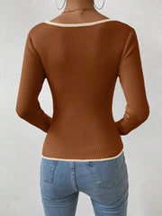 CONTRAST BINDING SWEETHEART NECK RIBBED KNIT TOP