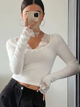 RIBBED LACE SPLICED BOW SLIM-FIT LONG SLEEVE TOP
