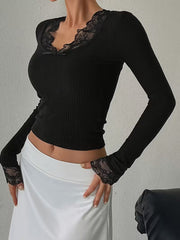 RIBBED LACE SPLICED BOW SLIM-FIT LONG SLEEVE TOP