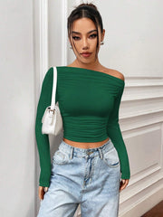 SOLID COLOR ASYMMETRIC COLLAR PLEATED CROPPED TOP