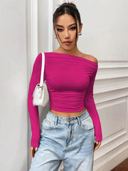 SOLID COLOR ASYMMETRIC COLLAR PLEATED CROPPED TOP