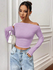 SOLID COLOR ASYMMETRIC COLLAR PLEATED CROPPED TOP