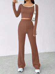 COLOR BLOCKED LONG SLEEVE CROP TEE AND PANTS SET