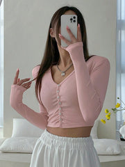 V-NECK BUTTON FRONT TIGHT FITTED T-SHIRT