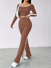 COLOR BLOCKED LONG SLEEVE CROP TEE AND PANTS SET
