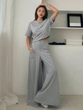 CASUAL SHORT SLEEVE CROP TOP AND WIDE LEG PANTS SET