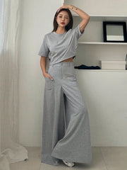 CASUAL SHORT SLEEVE CROP TOP AND WIDE LEG PANTS SET