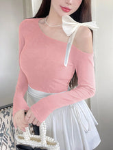 ASYMMETRIC TIE SHOULDER NECK LONG SLEEVE T-SHIRT
