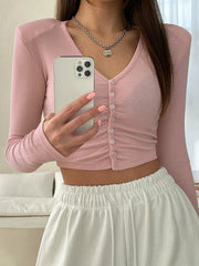 V-NECK BUTTON FRONT TIGHT FITTED T-SHIRT