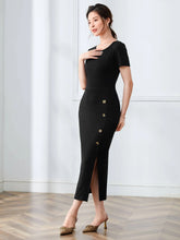 BUTTON DESIGNS SPLIT HEM ROUND NECK MIDI DRESS