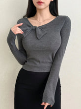 WOMEN'S T-SHIRT WITH ASYMMETRICAL COLLAR & BOW