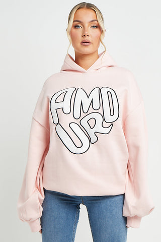 BABY PINK AMOUR RUCHED SLEEVE HOODIE