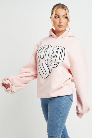 BABY PINK AMOUR RUCHED SLEEVE HOODIE