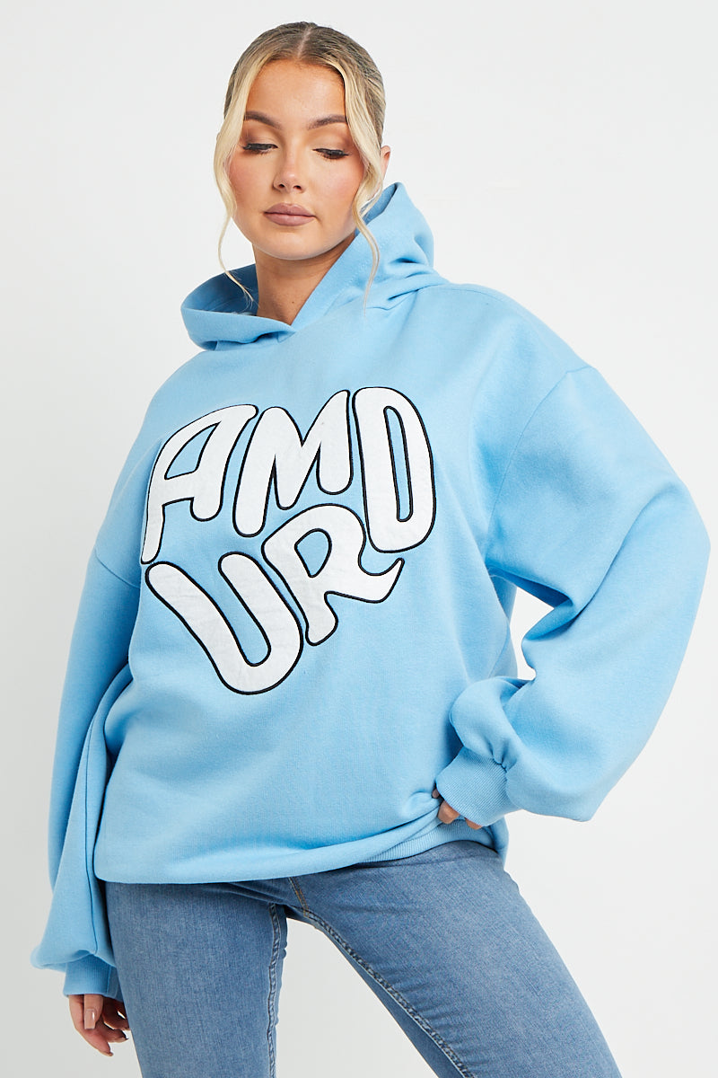 SKY BLUE AMOUR RUCHED SLEEVE HOODIE