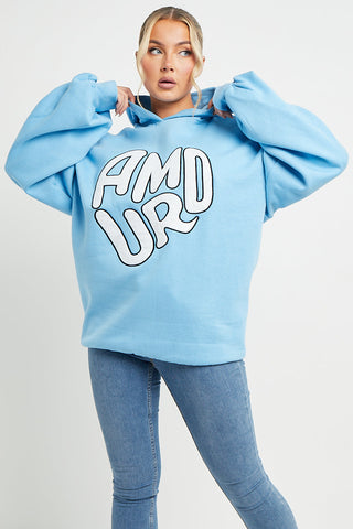 SKY BLUE AMOUR RUCHED SLEEVE HOODIE