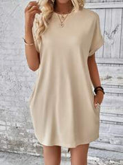 LOOSE FIT SOLID COLOR ROUND NECK BATWING SLEEVE DRESS