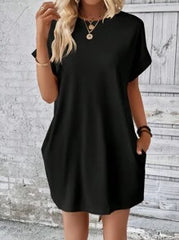 LOOSE FIT SOLID COLOR ROUND NECK BATWING SLEEVE DRESS