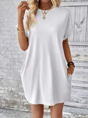 LOOSE FIT SOLID COLOR ROUND NECK BATWING SLEEVE DRESS