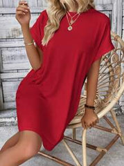 LOOSE FIT SOLID COLOR ROUND NECK BATWING SLEEVE DRESS