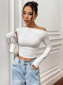 SOLID COLOR ASYMMETRIC COLLAR PLEATED CROPPED TOP