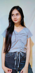 SOLID DRAWSTRING RUCHED TEE-GREY