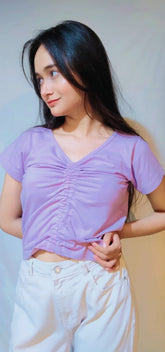 SOLID DRAWSTRING RUCHED TEE-LILAC