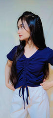 SOLID DRAWSTRING RUCHED TEE-NAVY