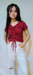 SOLID DRAWSTRING RUCHED TEE-WINE