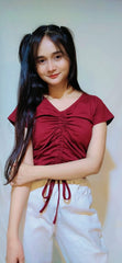 SOLID DRAWSTRING RUCHED TEE-WINE