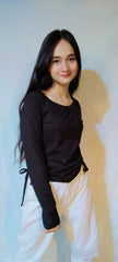 DRAWSTRING RUCHED SOLID FULL SLEEVE TEE-BLACK