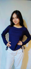 DRAWSTRING RUCHED SOLID FULL SLEEVE TEE-NAVY