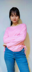 DRAWSTRING RUCHED SOLID FULL SLEEVE TEE-PINK