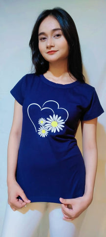 HEART AND FLORAL PRINT TEE-NAVY