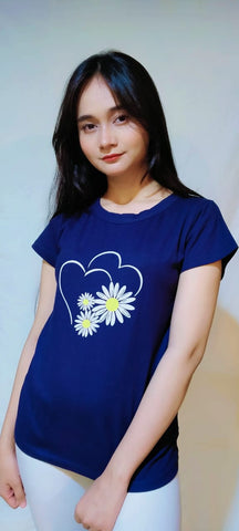 HEART AND FLORAL PRINT TEE-NAVY