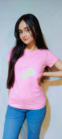HEART AND FLORAL PRINT TEE-PINK