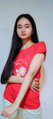 HEART AND FLORAL PRINT TEE-RED