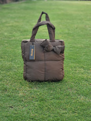 Large Square Puffy Hand Bag With Handle-Brown