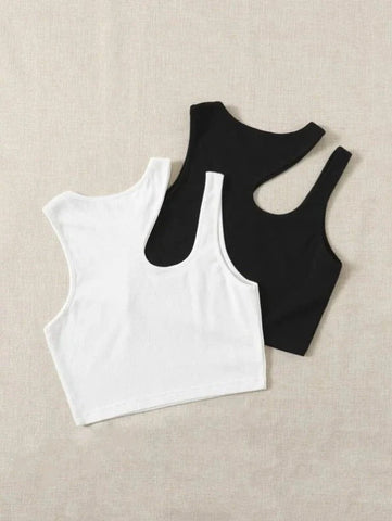 PACK OF 2 CUT OUT RIB-KNIT CROP TOP - BLACK/OFFWHITE