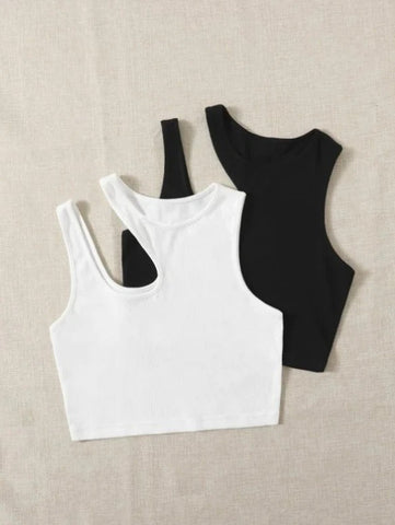 PACK OF 2 CUT OUT RIB-KNIT CROP TOP - BLACK/OFFWHITE