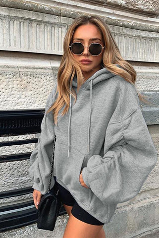 AUTUMN WINTER OVERSIZED HOODIE WOMEN LONG RUCHED PUFF SLEEVE - GREY