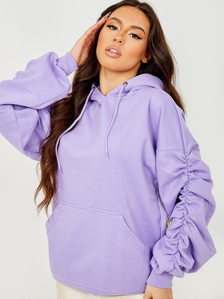 AUTUMN WINTER OVERSIZED HOODIE WOMEN LONG RUCHED PUFF SLEEVE - LILAC