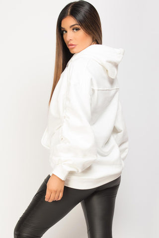 AUTUMN WINTER OVERSIZED HOODIE WOMEN LONG RUCHED PUFF SLEEVE - OFF WHITE