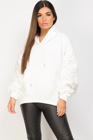 AUTUMN WINTER OVERSIZED HOODIE WOMEN LONG RUCHED PUFF SLEEVE - OFF WHITE