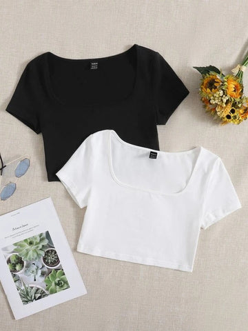 PACK OF 2 BASICS SQUARE NECK SOLID TEE