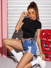 DRAWSTRING SIDE SOLID TEE-BLACK
